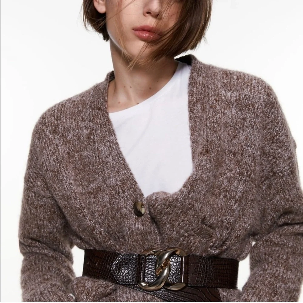 Zara Leather Brown Croc-Embossed Belt with Gold Buckle